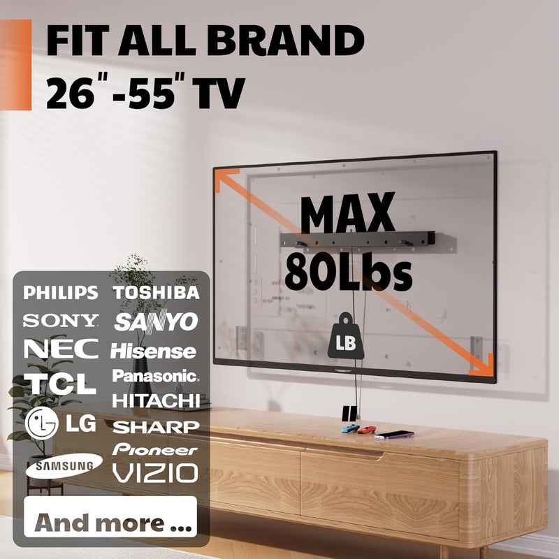 AENTGIU Studless TV Wall Mount, Heavy Duty Drywall TV Bracket Hanger for 26-55 inch Flat Screen TVs, No Stud, NO Drill, No Anchors, Easy Install with All Hardware Included - Image 4